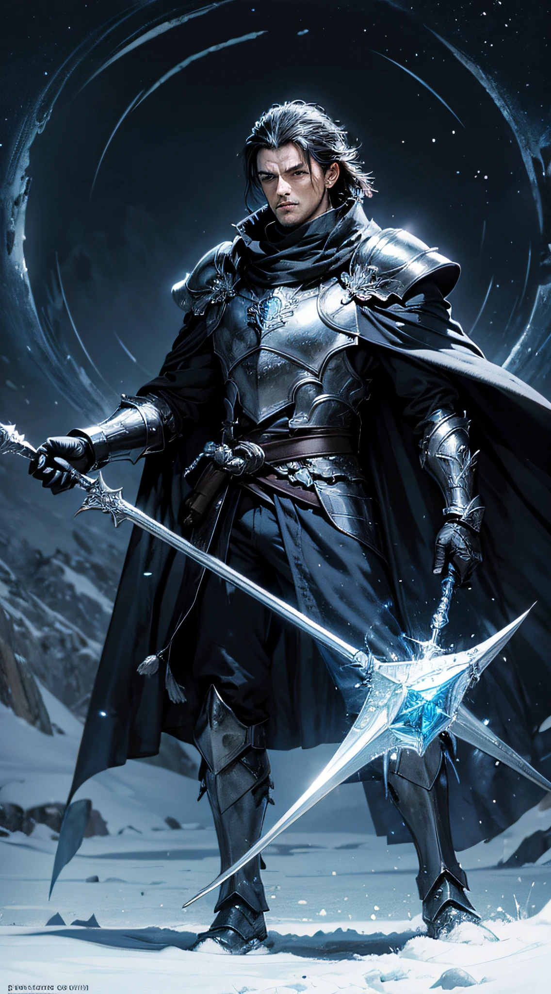 (image haute qualité 8K meilleure qualité). un homme de dos qui porte une armure Chevalier ténébreux noir avec une cape noire, deuxième plan un dragon glacial avec des écailles blancs en neige terrifiant ténébreux effrayant cruel avec un regard perçant des yeux bleus cristal