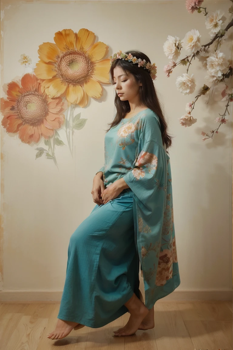 ((front view)) ,((closed eyes)) , ,((full body)) Persian lady , middle age , 50 yo , with flowers on her head , in the style of Robert Motherwell paintings , organic and naturalistic compositions, floral explosions, ,soft light teal and orange , serene faces --ar 3:4 -