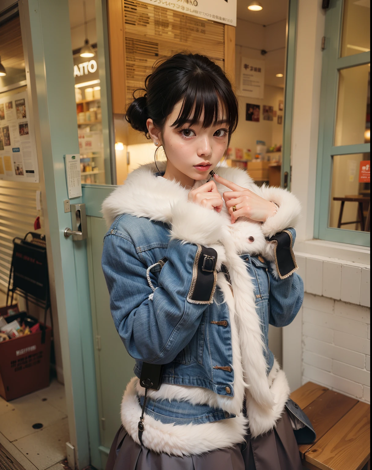 Hay una mujer parada afuera de una tienda con una chaqueta puesta., Chiho, El estilo de Tsubasa Nakai, Shiori Teshirogi, ulzzang, E - Chica, e-chica, cuerpo completo! cara bonita, Estilo de masami kurumada, Shikamimi, Sakimichan, (NeoTokio), Chiho Ashima