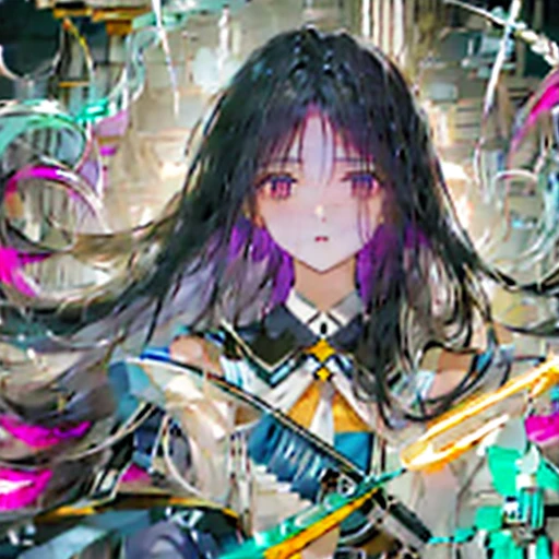 phos, The long-haired_hair, _hair, shiny_hair, portraitures, hali々And, intricate and detailed, cyberpunked, Splash Screen, swirling background、neon color、huge tit 、Depressed、bewitching