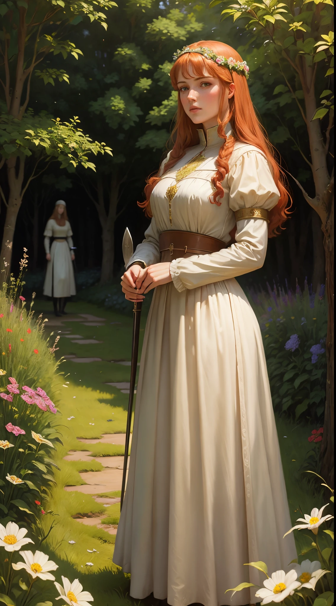 Edmund Leighton, Pre-Raphaelites, knight-lady, medieval, flowers, meadow, medieval, atmospheric, ginger hair, oil painting, swordfight, battle, oil painting