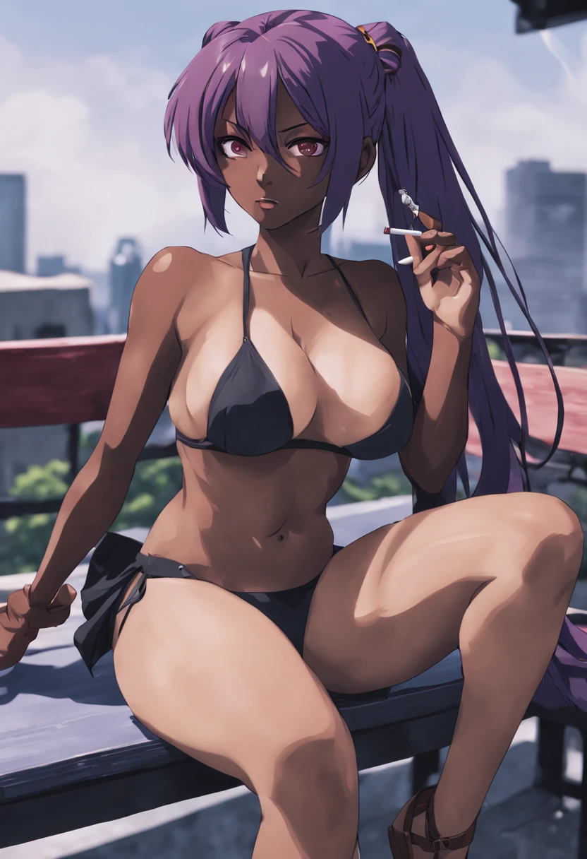 revy black lagoon, yoruichi shihoin bleach, revy, yoruichi, anime machine gun fire, anime girl with purple hair sitting on a bench, dark skin, big breasts, sits on a rooftop, anime girl in a bikini, female action anime girl, cigarette, (smoking:1.5)