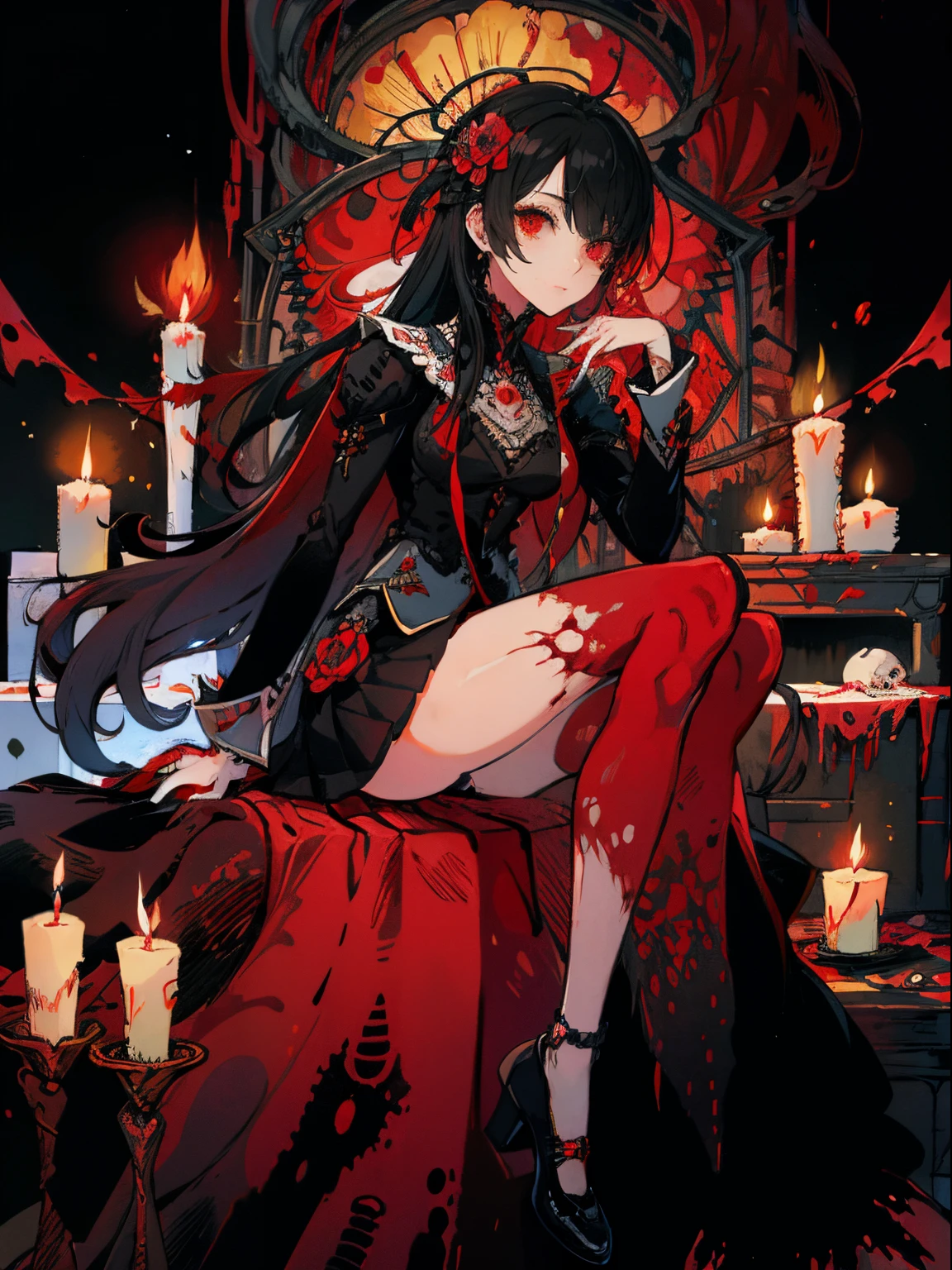 masterpiece, best quality, intricately detailed, a woman, beautiful, elegant, smile, blood, iridescent long hair, bangs, skirt, shirt, long sleeves, frills, shoes, (red and black:1.4), flower, creepy, horror, skulls, long hair, black hair, candle, hair flower, solo, hair ornament, bone, sitting, doll, skull, skeleton,  horror (theme)