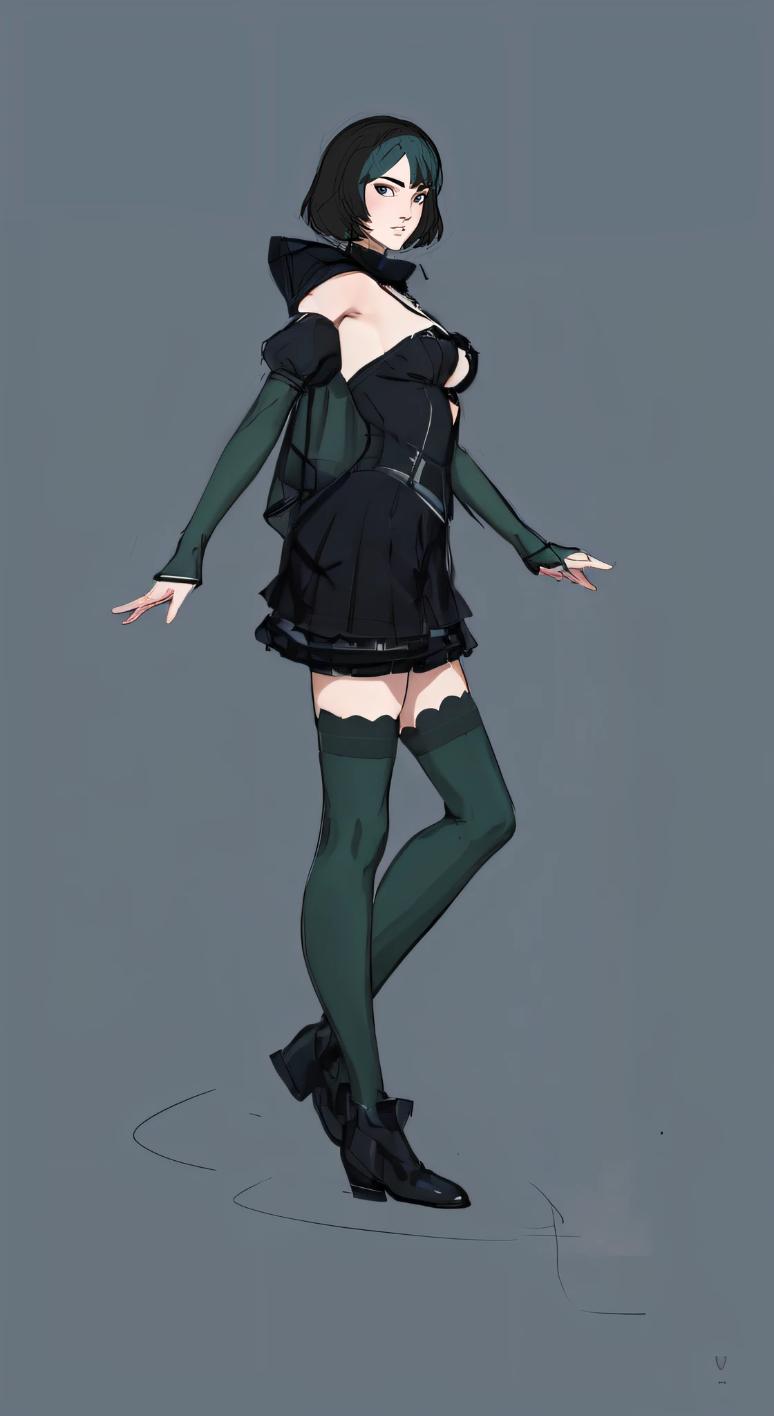 anime girl in a black dress and green stockings posing, full body portrait of a short!, anime full body illustration, full body concept, full body illustration, detailed full body concept, !!full body portrait!!, fullbody portrait, anime woman fullbody art, detailed full body concept art, outfit design, short hair, black boots