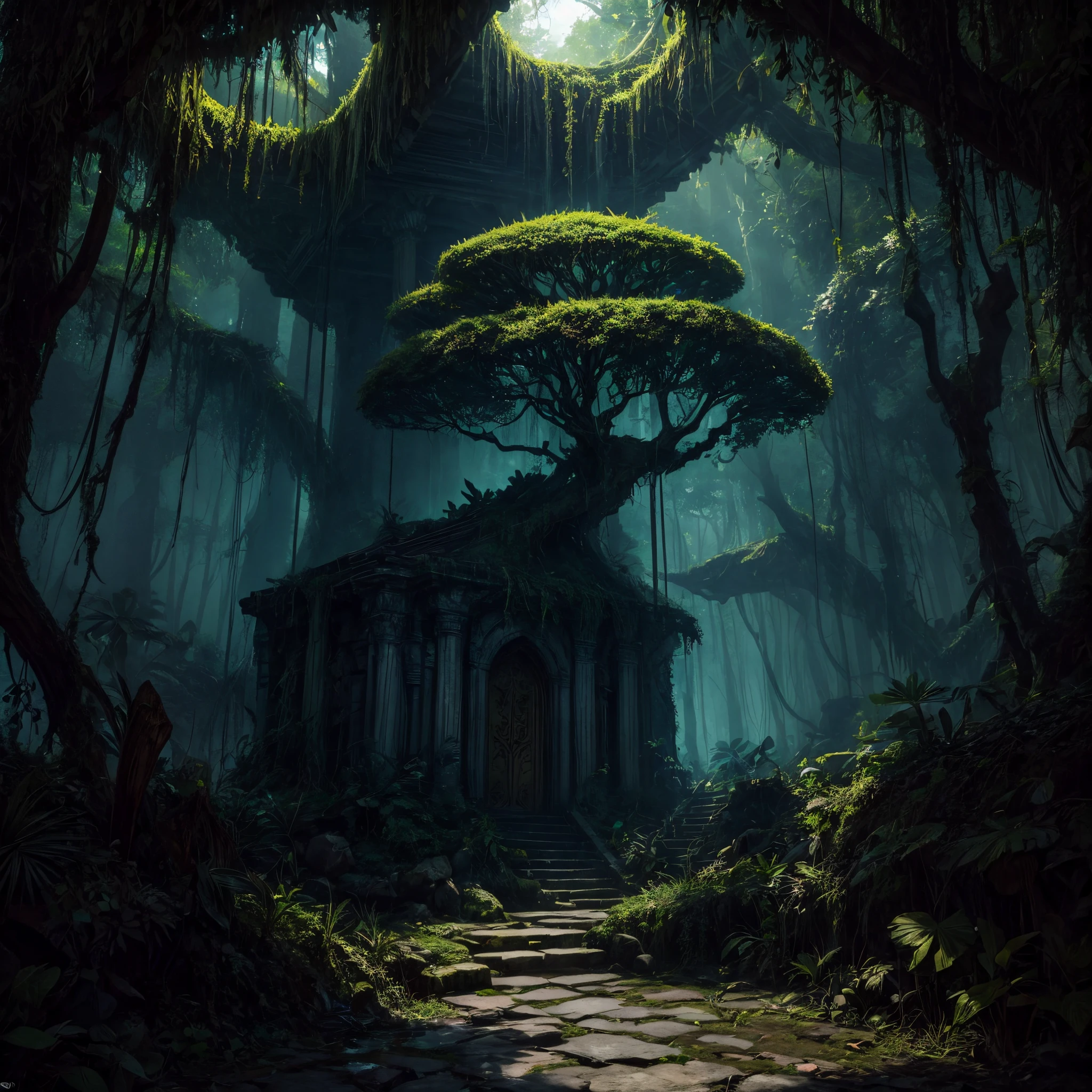 The overgrown ruins of the ancient temple stood silent under the dark gloom of the jungle canopy. Twisted vines and roots had cracked and crumbled the once pristine stone walls, which were now littered with moss and orchids. Motes of sunlight strained through small gaps in the foliage above, speckles of gold against the emeralds and jade hues of the enveloping foliage.
In the center of the decrepit altar, a strange unearthly light began to emanate. Sickly neon green in color, it threw long shadows across the vestiges of broken idols and statues within. As the glow intensified, it became clear it originated from a gash torn through the very stone itself - as though reality had been slashed open by some otherworldly force.
The edges of the rupture glimmered like radioactive jade, almost seeming to writhe as unnatural vapors wafted from its core. Within the tear's eldritch depths, a kaleidoscope of impossible shapes and fractal geometries could be glimpsed, like a maddening window into dimensions far beyond mortal comprehension.
The emerald energies crackled, beginning to spill out further across the surface of the altar. Whatever forbidden fruits lay on the other side of that abyssal gateway, it was clear they were now bleeding out into the ancient temple, heralding a mysterious intrusion between worlds. The jungle fell into deeper silence, as if holding its breath at what might step out through that unnatural verdant gash...