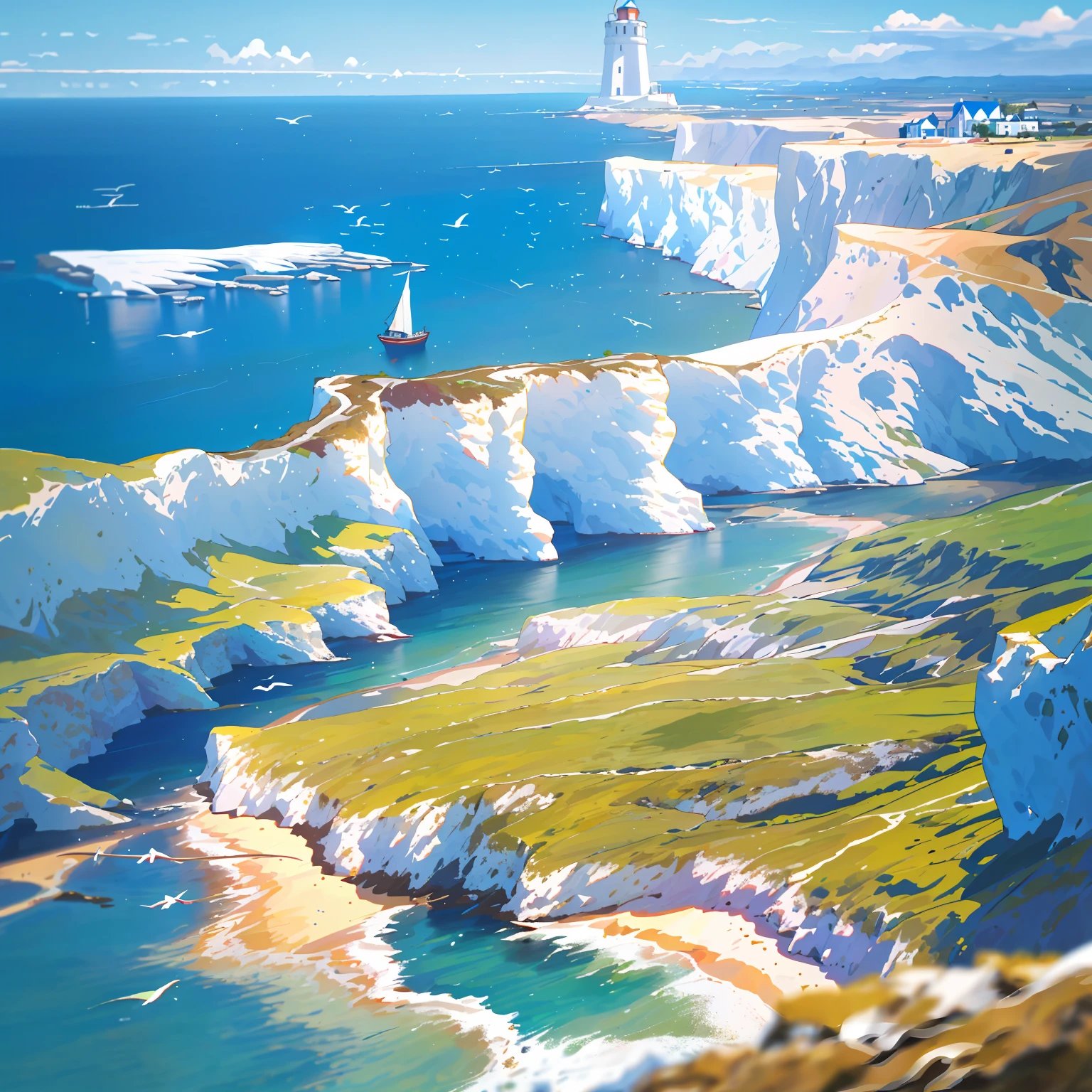 (masterpiece, best quality: 1.1), wide angle, seen from below, (white cliffs), mountains, blue sea, low tide, waves, rocky beach, trajectory, seagull, horizon, breeze, summer, morning, clear sky, clouds, calm, fresh air, sailboat, lighthouse, depth of field