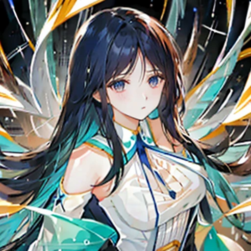 phos, The long-haired_hair, _hair, portraitures, hali々And,  intricate and detailed, Splash Screen, swirling background、neon color、Colossal tits 、Depressed、A sexy、Nice waist