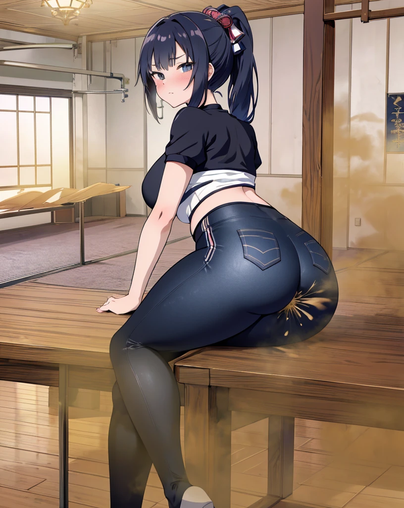 Upscale,8K,k hd,(((Anime manga girl))),((On a table)),Best quality, Extremely detailed CG unified 8K,(( 1 girl in)), (Beautifully meticulous), Intricate patterns,Character focus,Fencing sportswear,Sports equipment warehouse,Black high ponytail,girl lying on the mat,Pout your ass,Girl farts,Fart,The girl looked nervous,face flushed,girl belly bloated,Sit Pose,skinny pants