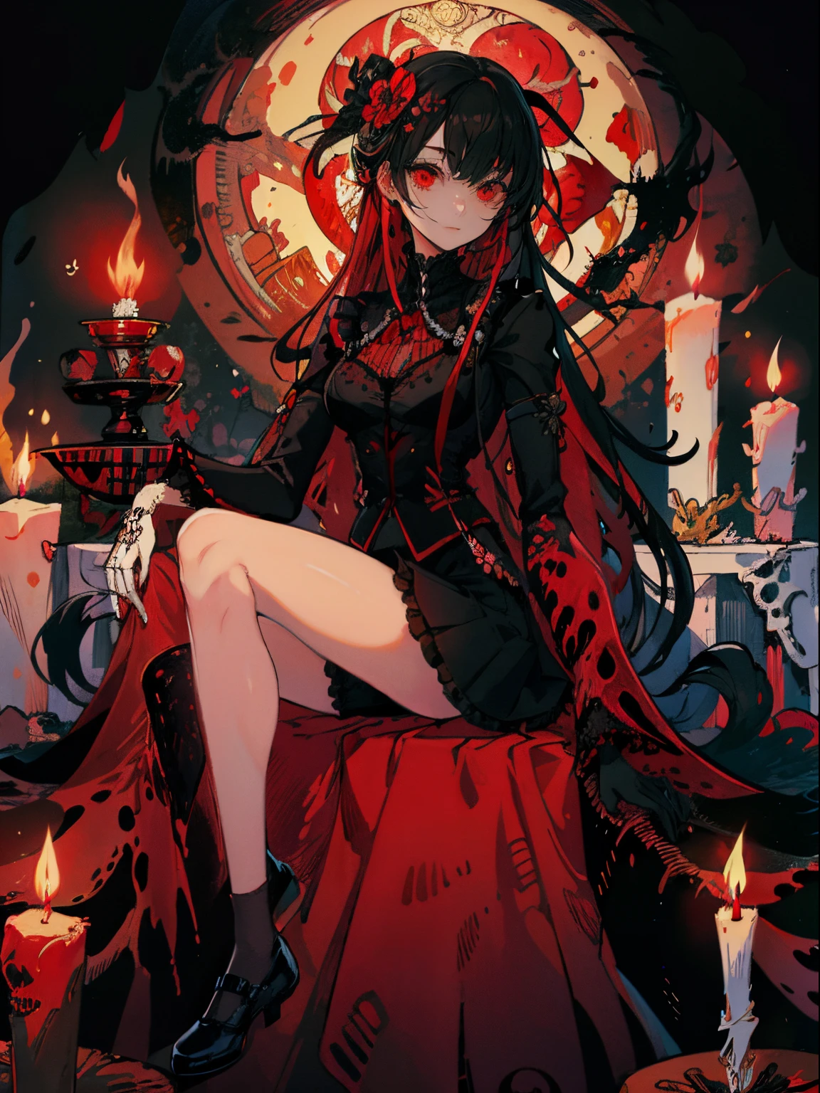 masterpiece, best quality, intricately detailed, a woman, beautiful, elegant, smile, blood, iridescent long hair, bangs, skirt, shirt, long sleeves, frills, shoes, (red and black:1.4), flower, creepy, horror, skulls, long hair, black hair, candle, hair flower, solo, hair ornament, bone, sitting, doll, skull, skeleton,  horror (theme)