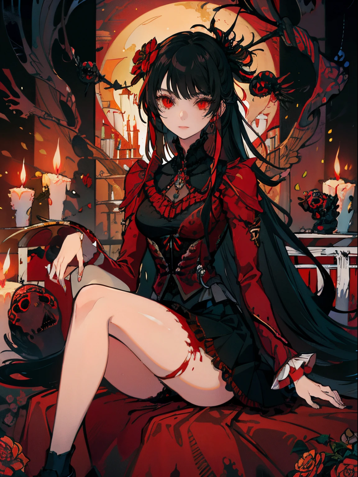 masterpiece, best quality, intricately detailed, a woman, beautiful, elegant, smile, blood, iridescent long hair, bangs, skirt, shirt, long sleeves, frills, shoes, (red and black:1.4), flower, creepy, horror, skulls, long hair, black hair, candle, hair flower, solo, hair ornament, bone, sitting, doll, skull, skeleton,  horror (theme)