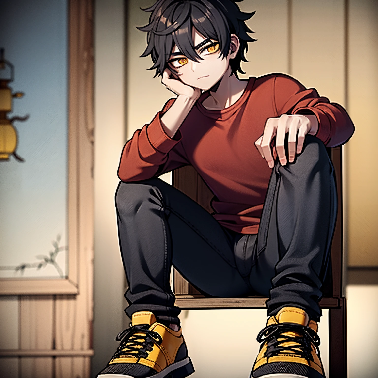 young man, black hair, messy hair, yellow eyes, bored face, dark circles under eyes, sitting on a wooden chair, wearing a dark purple coat, jeans, red sneakers, 4k, masterpiece, best quality