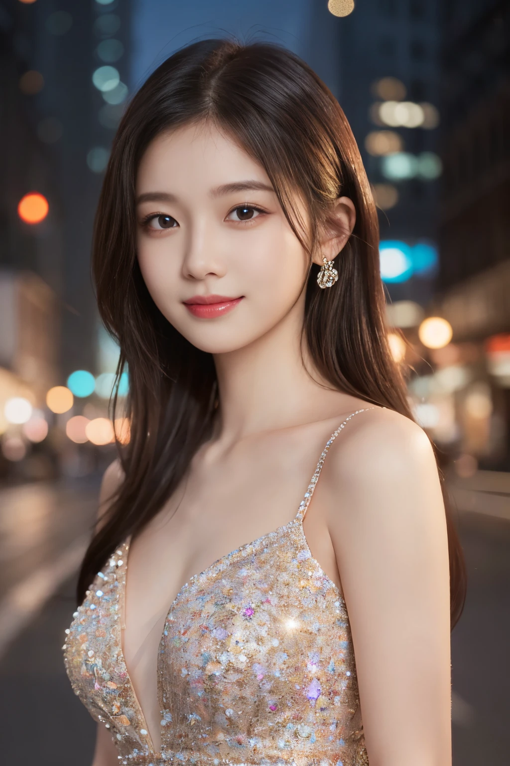 1girl in, (Wearing a sparkly dress:1.3), (Raw photo, Best Quality), (Realistic, Photorealsitic:1.4), masutepiece, Extremely delicate and beautiful, Extremely detailed, 2k wallpaper, amazing, finely detail, the Extremely Detailed CG Unity 8K Wallpapers, Ultra-detailed, hight resolution, Soft light, Beautiful detailed girl, extremely detailed eye and face, beautiful detailed nose, Beautiful detailed eyes, Cinematic lighting, city light at night, Perfect Anatomy, Small, Slender body, Smiling