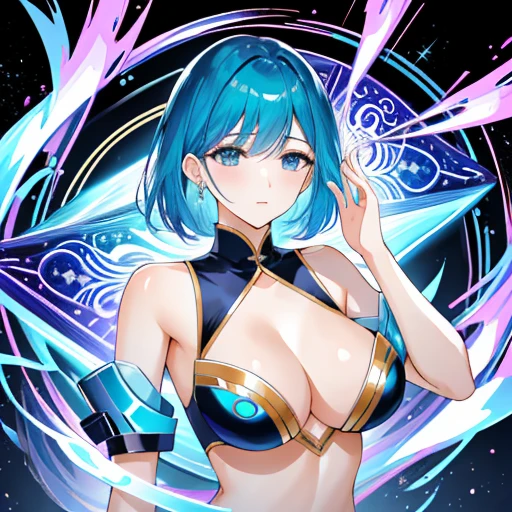 phos, hair, portraitures, hali々And, intricate and detailed, Splash Screen, swirling background、neon color、Colossal tits 、Depressed、A sexy、nice waist、swim wears、A black