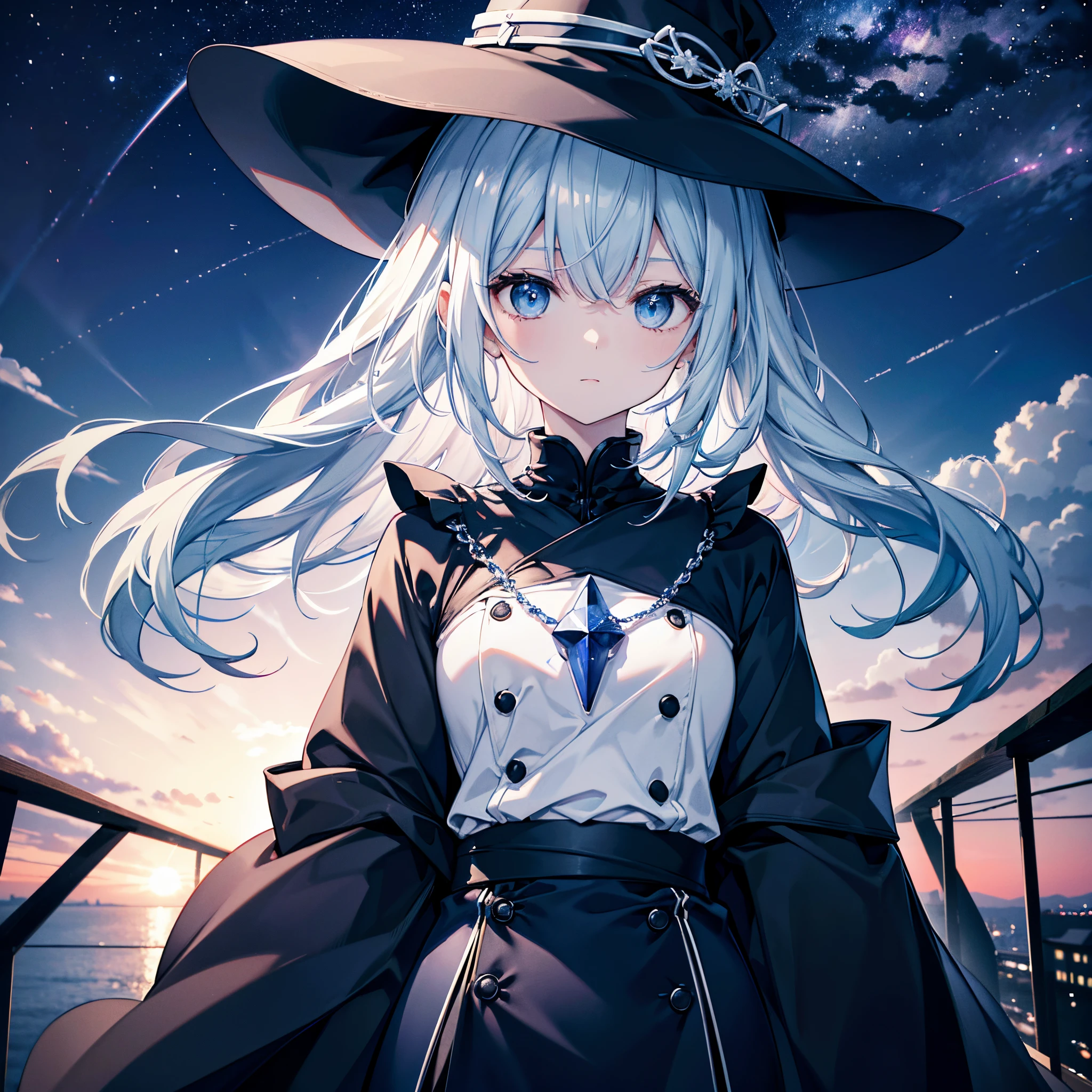 This is the rooftop of a skyscraper in Tokyo.、It's late at night now.、Behind me is a night view, a small moon, and a starry sky.、You can see the beautiful sea with the moonlight reflecting in the distance.、Photograph her from an angle of 45 degrees above、1 small breasted adult woman、She wears a large black witch hat with sapphire accessories、Loose, white medium short hair lob hair with pale blue mesh、blue eyes、Black long coat、White T-shirt、a black skirt、Cool face、Sapphire Necklace、cool lady、She has an assault rifle、high-level image quality、High Quality、hight resolution、2 million pixels、Two-dimensional illustration、Japan Anime、,drawn by Japanese ilastrator、full-shot、hiquality、high détails、high-level image quality、4K picture quality、beatiful backgrounds
