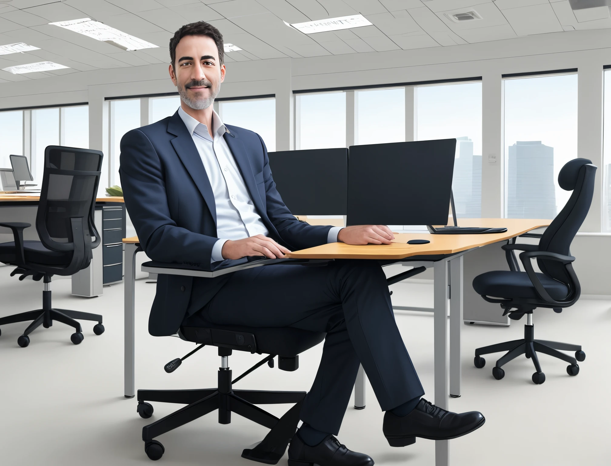 A businessman sitting in a very realistic office chair