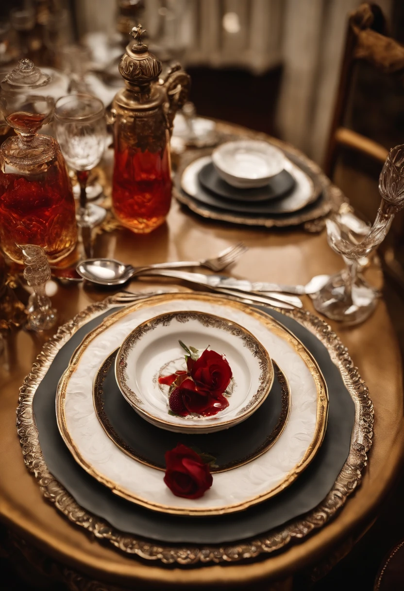 A photo of a beautifully set dining table with fine china and elegant silverware,original,Overweight, wears fedora, neck beard, bad skin, bloodshot eyes, bad hygiene, greasy hair