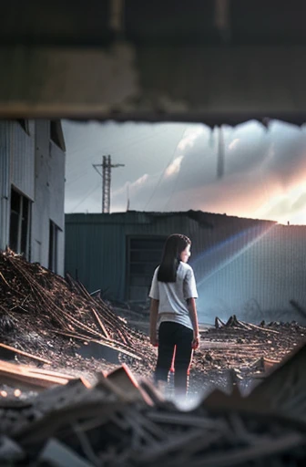 (Best Quality,4K,8K,hight resolution,masutepiece:1.2),Ultra-detailed,Realistic:1.37,landscape,Nature,Abandoned ruins,Dark atmosphere,deteriorated structure,Collapsed buildings,Forgotten beauty,Dusty environment,Overgrown vegetation,Mysterious aura,Sunlight shining through the gap in the wall,Shadows playing on the rubble,Twisted Metal,crumbling concrete,decayed texture,Ominous clouds,Desolate landscape,Post-apocalyptic atmosphere,Vivid colors,subtle color grading,Dramatic Lighting,morning glow,Undeservedly beautiful,Contrast between light and darkness,Visual Storytelling.woman standing in the center