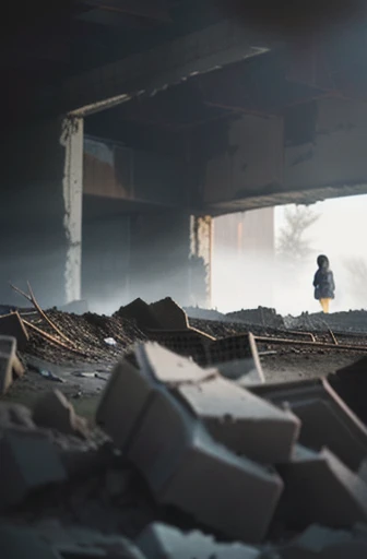 (Best Quality,4K,8K,hight resolution,masutepiece:1.2),Ultra-detailed,Realistic:1.37,landscape,Nature,Abandoned ruins,Dark atmosphere,deteriorated structure,Collapsed buildings,Forgotten beauty,Dusty environment,Overgrown vegetation,Mysterious aura,Sunlight shining through the gap in the wall,Shadows playing on the rubble,Twisted Metal,crumbling concrete,decayed texture,Ominous clouds,Desolate landscape,Post-apocalyptic atmosphere,Vivid colors,subtle color grading,Dramatic Lighting,morning glow,Undeservedly beautiful,Contrast between light and darkness,Visual Storytelling.woman standing in the center
