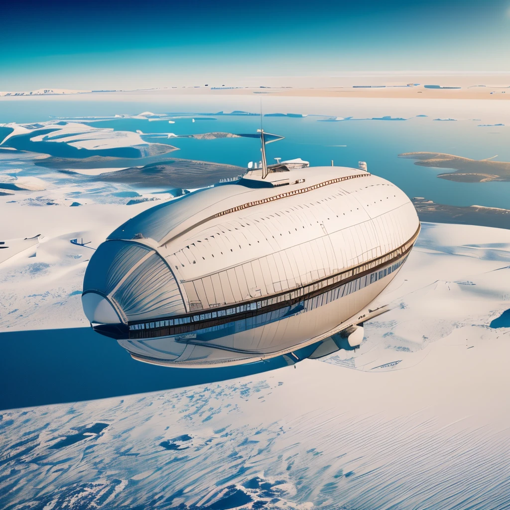 (Best Quality, Photorealistic), aerial view from above, White large airship of the 19th century.., Airship over Antarctica, cinematic ambient, in the style of steampunk