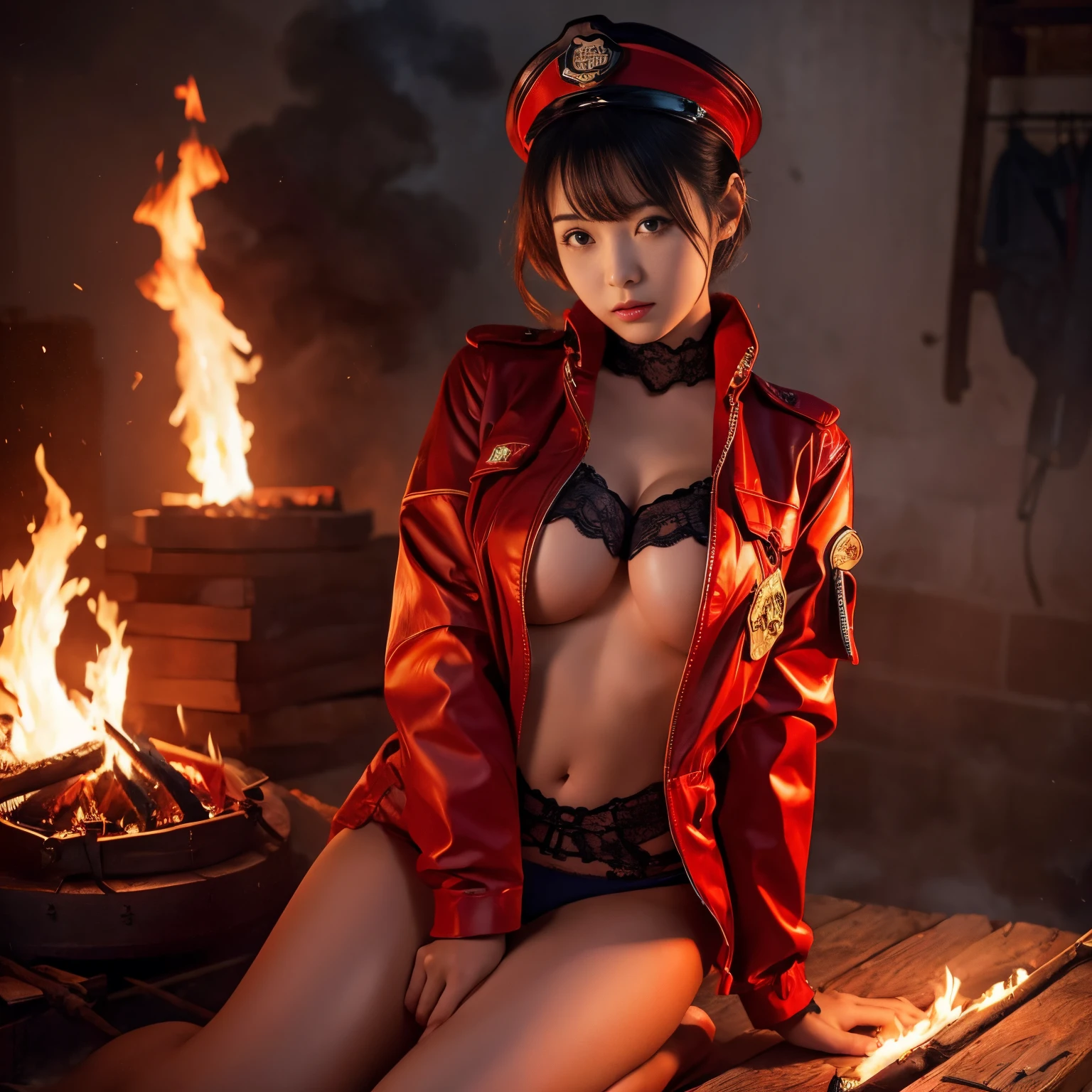 Navy lingerie、red fire fighter jacket, Opening legs、Beautie、cute little、buildng on fire on the background、the morning sun、huge tit