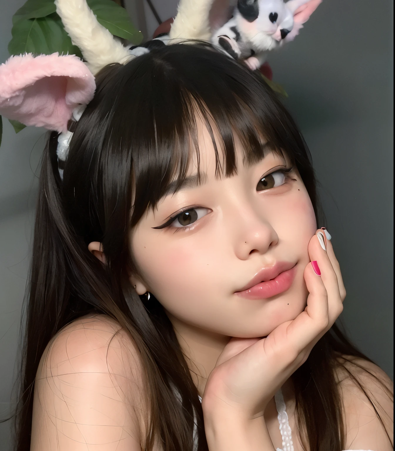 a close-up of a girl with bunny ears and pink lip, Ulzzang, linda Delphine, wan adorable korean face, Lalisa Manobal, menina com orelhas de gato, kawaii retrato realista, muito bonita gatinha fofa, Sakimichan, young adorable korean face, maquiagem sul-coreana popular, menina coreana, com orelhas de coelho