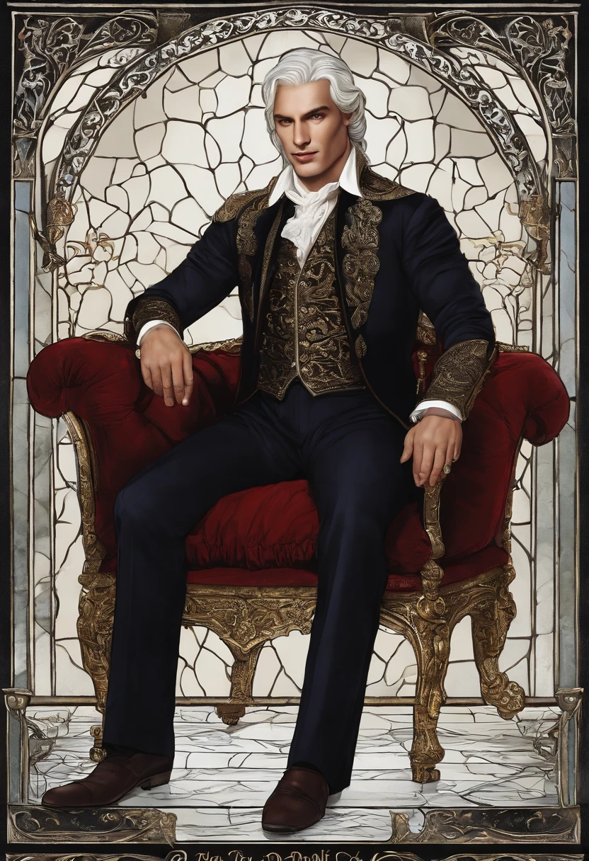 Aemond Targaryen lounging on a sumptuous velvet chaise, a goblet of rich red wine in hand, with a seductive smirk playing on his lips,Dance of the Dragons,[Prince Aemond Targaryen; Appearance=medieval regal attire, expensive fabrics, impeccable taste, wears dark colours, casual attire only in private, wears a leather eyepatch over left eye. Facial features=strong and prominent jawline, straight nose, full lips with defined cupids bow, one violet eye (right), scar from left eyebrow to left cheekbone, missing left eye replaced by blue sapphire. Body=Tall, lithe, defined muscles, broad shoulders and chest, long torso, small waist, long legs, tight round arse, long thick uncircumcised cock. Hair=Long, straight, platinum, silver. Hands=Large, veiny, long elegant fingers.]