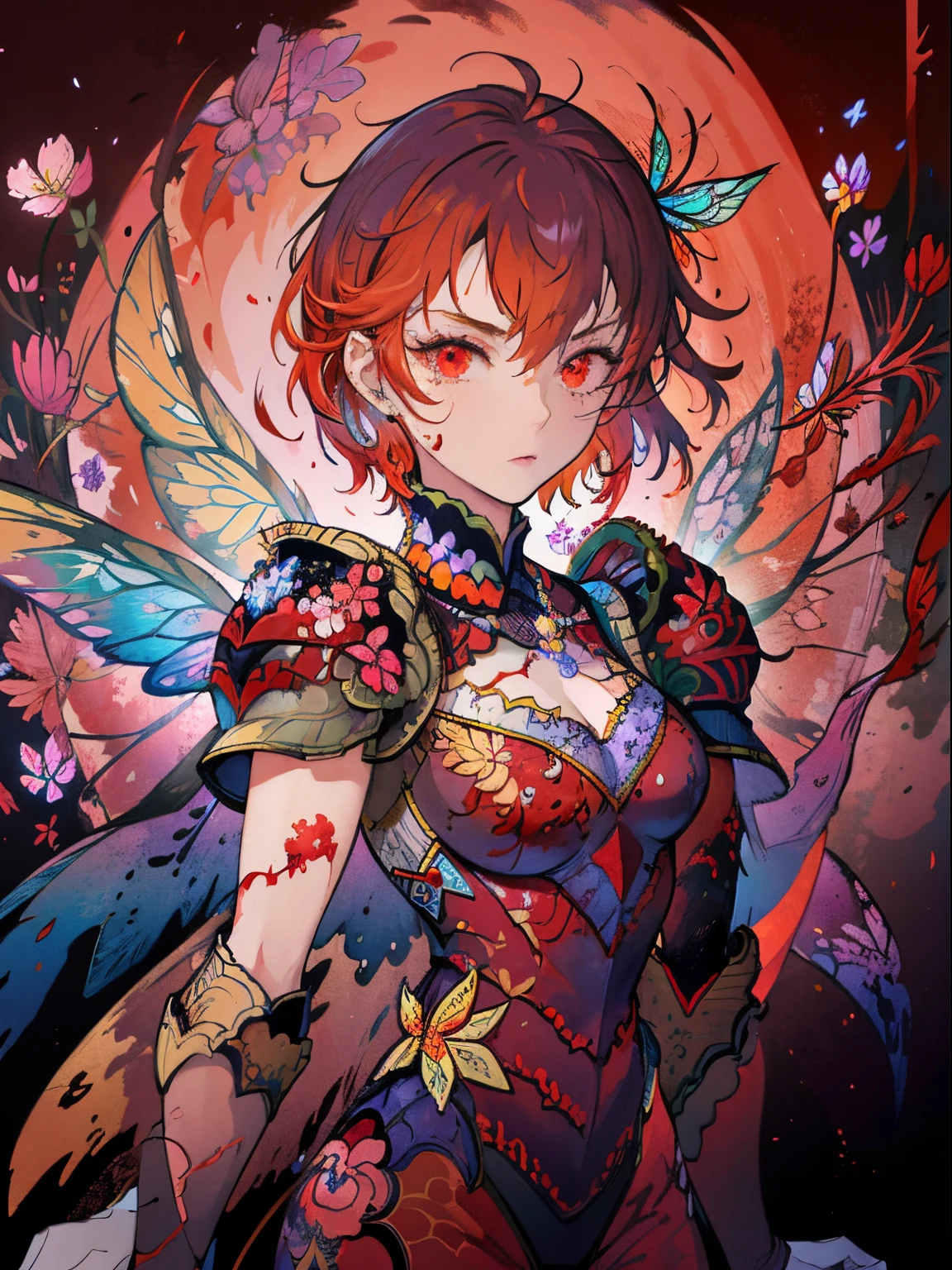 1girl, fan dance, butterfly wings, magic, WOMAN, FLOWERS, ARMOR, FLOWER ARMOR, IRIDESCENT ARMOR, RED, INFECTED FACE, DARK BACKGROUND, COLORFUL BACKGROUND, IRIDESCENT HAIR