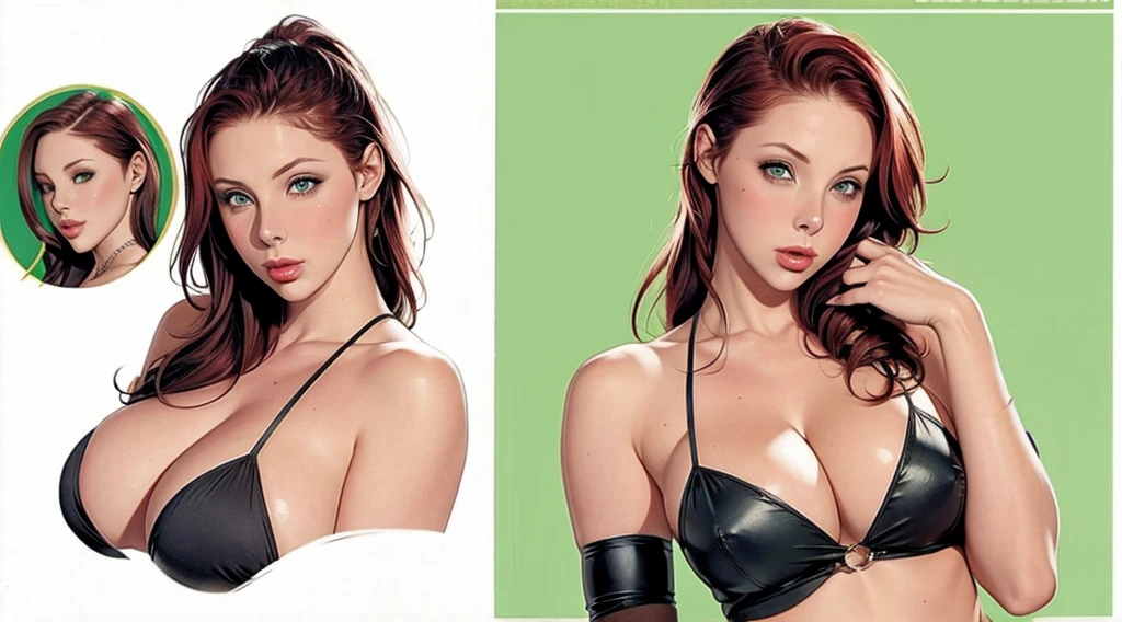 Gianna Michaels, Female original character reference sheet adoptable, redhead, green eyes,
