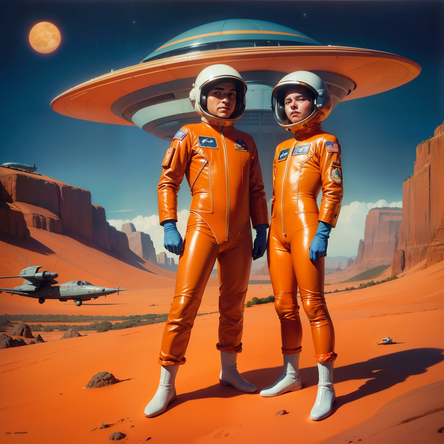 astronauts in orange spaces against the background of a spaceship, Ретро Sci - Fi Art, Tim Hildebrandt, Retro 1 9 6 0 C Sci-fi art, Vintage sci-fi art, Bob Ringwood, Retro Sci - Fantastic picture, Astronauts and space colonies, by David G. Sorensen, Ed Emschwiller, Wayne England