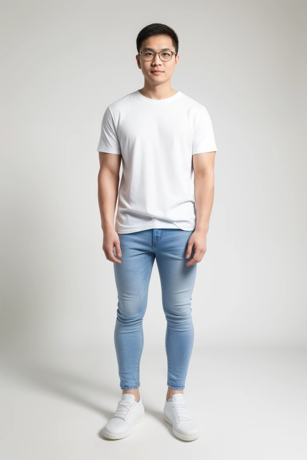 Andrew thomas huang, oval face, eyeglasses, neat muscular, (((white shirt, jeans, white sneakers))), standing, photo shot, white background, full body