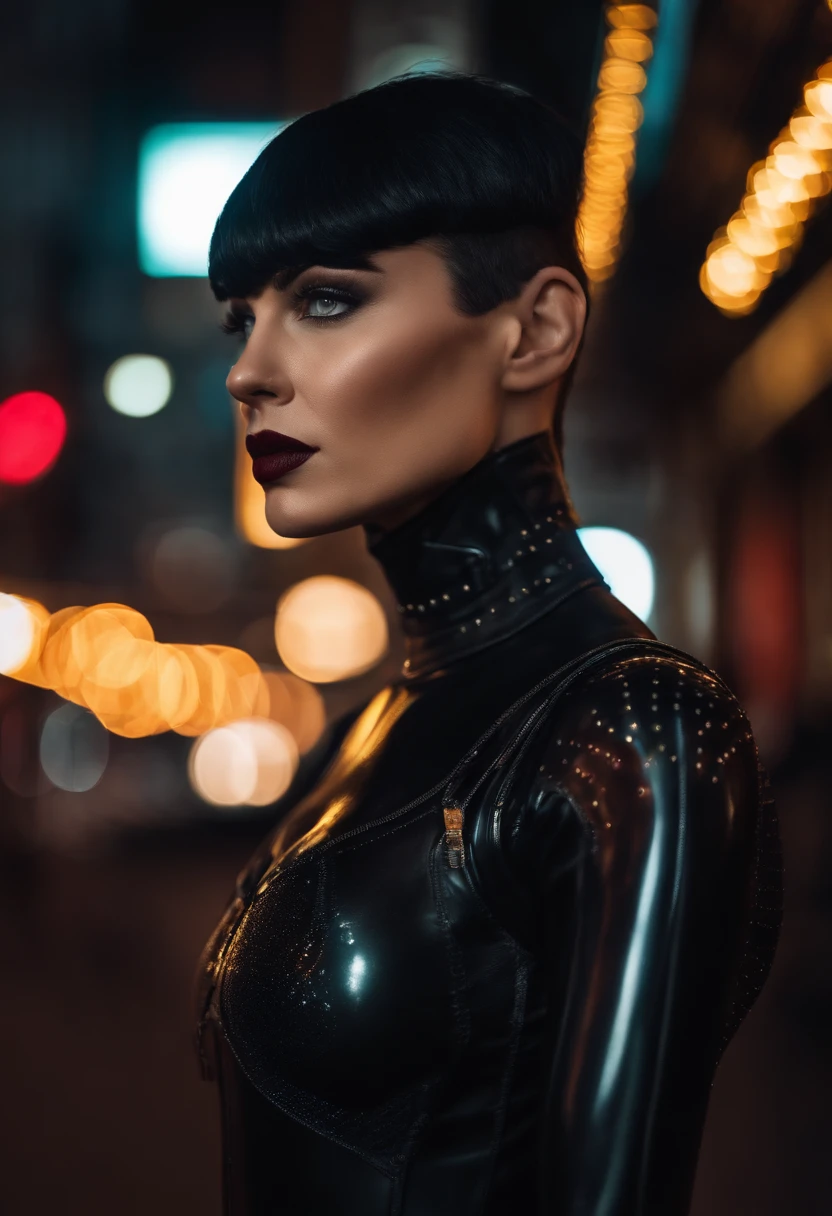 Extremely detailed, very sharp, best quality, female, Sophie Thatcher face, black rider latex suit, tall and lean body, harness, night, night street, lights, very short black haircut, dark makeup, pauldrons, holster,