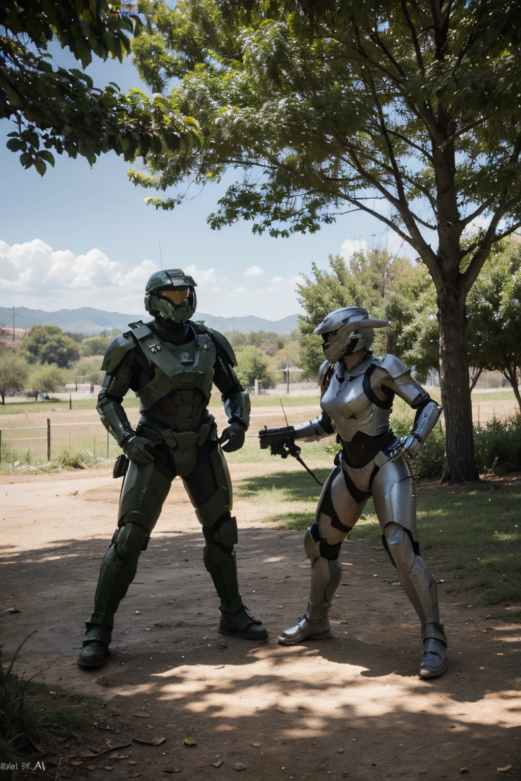 Spartan II de Halo, armored grenadier shooting at a dragon while being supported by a young white-haired witch, con estilo realista en una pradera hermosa.