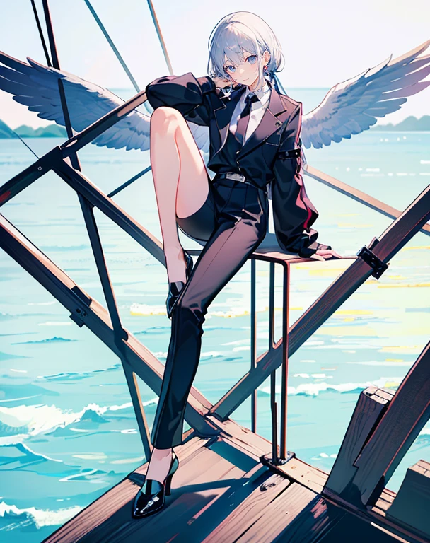 male angel sitting on rebar、full body Esbian、Embrace your broken wings、Fashionable、Dior、black three-quarter sleeve jacket、an legs、shoe、trouser,Plain clothe、Sit up、Above the sea、steel frame