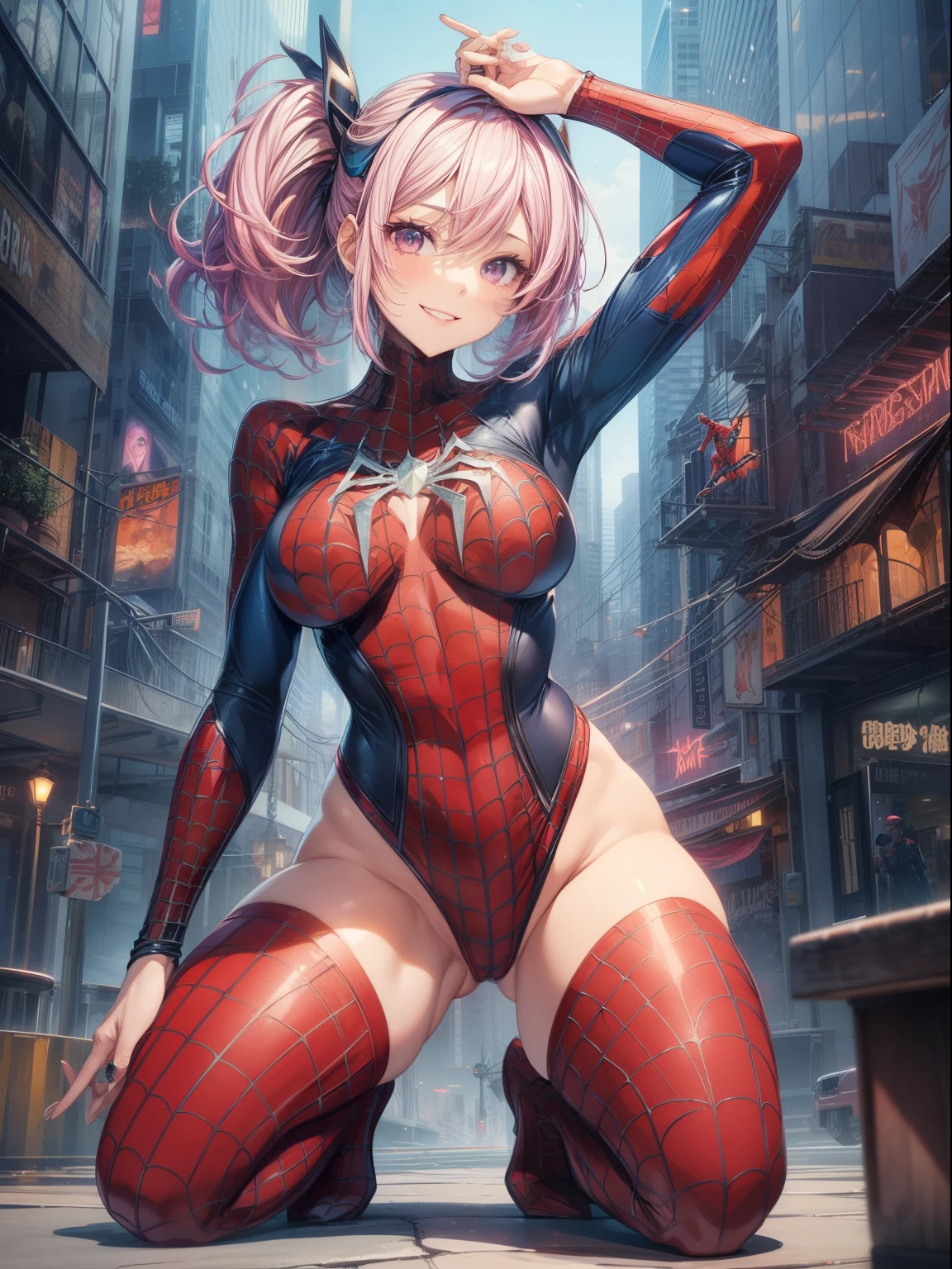 top-quality、Full limbs、complete fingers、one beautiful women、Beautiful Large Breasts、Medium Hair、Pink hair、spiderman full body costume、night skyscraper、Naughty Poses、A big smile