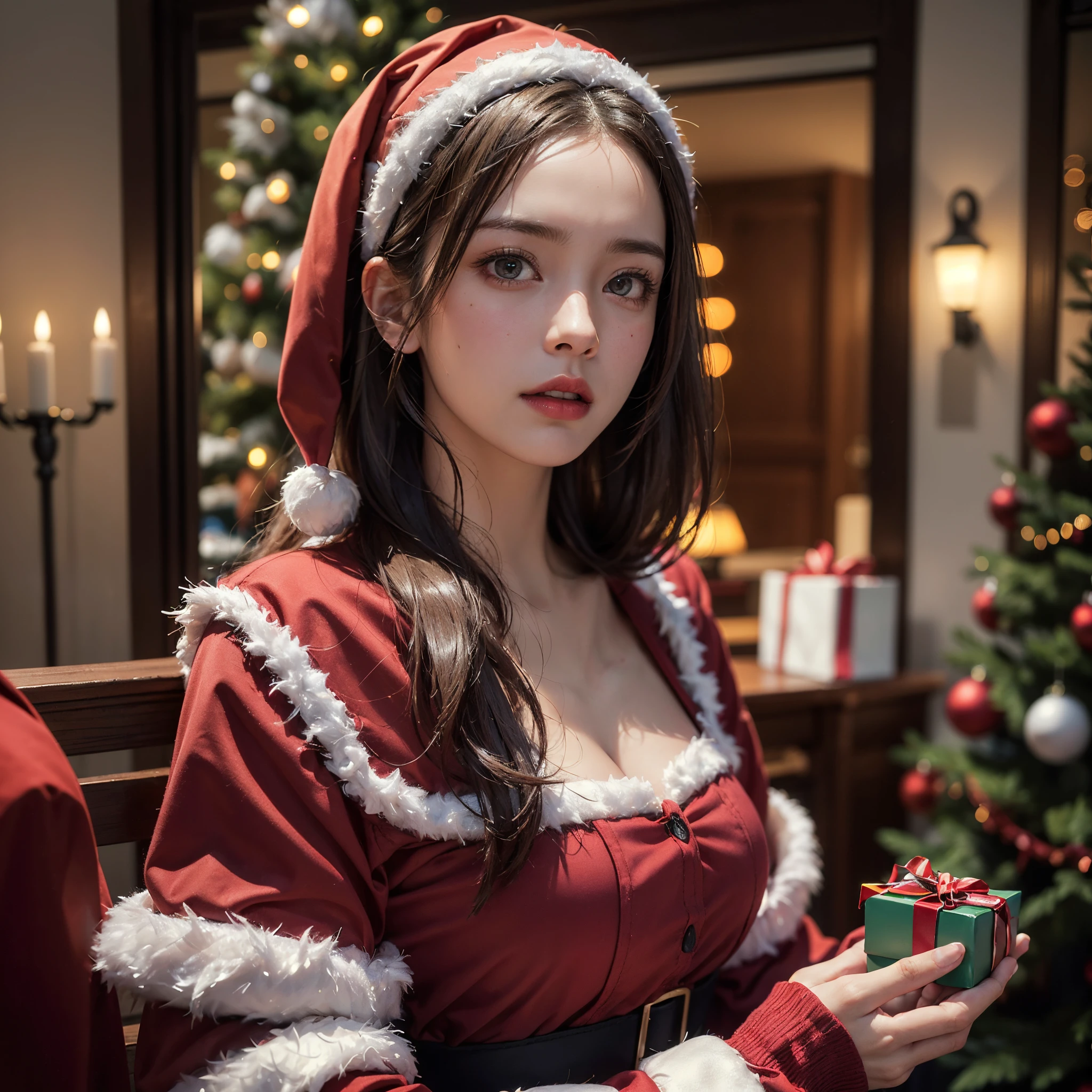 Santa Claus gives gifts to children of Caucasian appearance, Christmas tree with gifts, Christmas, ((Best Quality)), ((Masterpiece)), (Detailed), a perfect face, foto realista, Ultra-detailed, Realistic, HDR, studio lightning, extreme detail description, Professional, sharp-focus, physical based rendering, Vivid colors, portrai