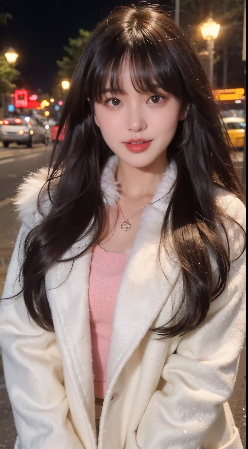 Wearing a white coat and fur collar, She has black hair,With bangs, Fluffy bangs, in a street at night,face to the viewer,The body faces the audience,close your mouth and smile,mediuml breasts,with a round face,a 23 year old girl,clothes together,The clothes are not opened,Wear for autumn
