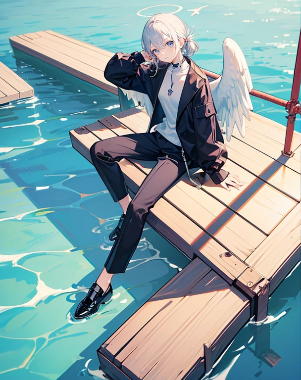 male angel sitting on rebar、full body Esbian、Embrace your broken wings、Fashionable、Dior、black three-quarter sleeve jacket、an legs、shoe、trouser,Plain clothe、Sit up、Above the sea、steel frame