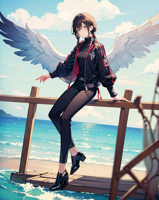 male angel sitting on rebar、full body Esbian、Embrace your broken wings、Fashionable、Dior、black three-quarter sleeve jacket、an legs、shoe、trouser,Plain clothe、on the gray sea、steel frame