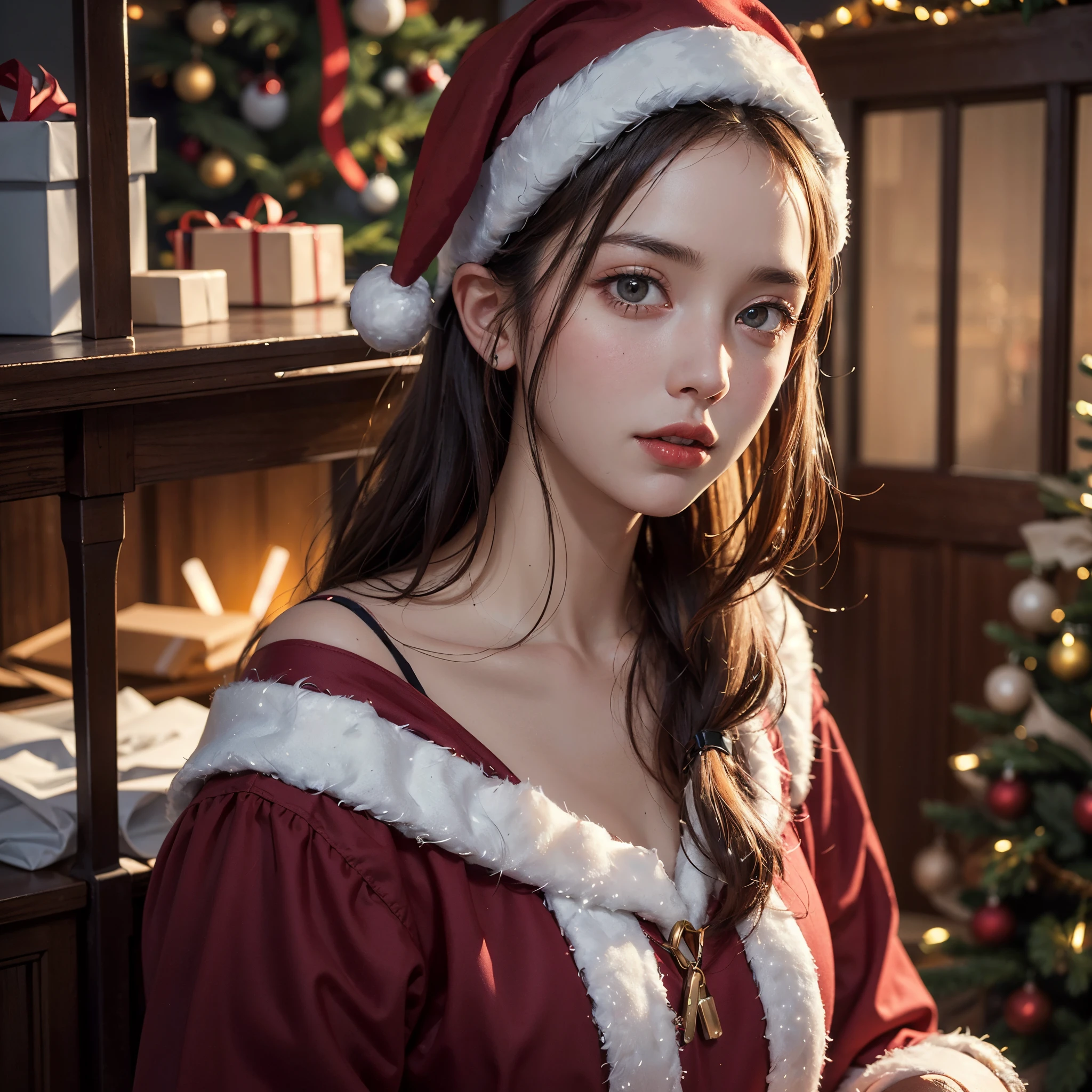 Santa Claus, Caucasian children, Christmas tree with gifts, Christmas, ((Best Quality)), ((Masterpiece)), (Detailed), a perfect face, foto realista, Ultra-detailed, Realistic, HDR, studio lightning, extreme detail description, Professional, sharp-focus, physical based rendering, Vivid colors, portrai