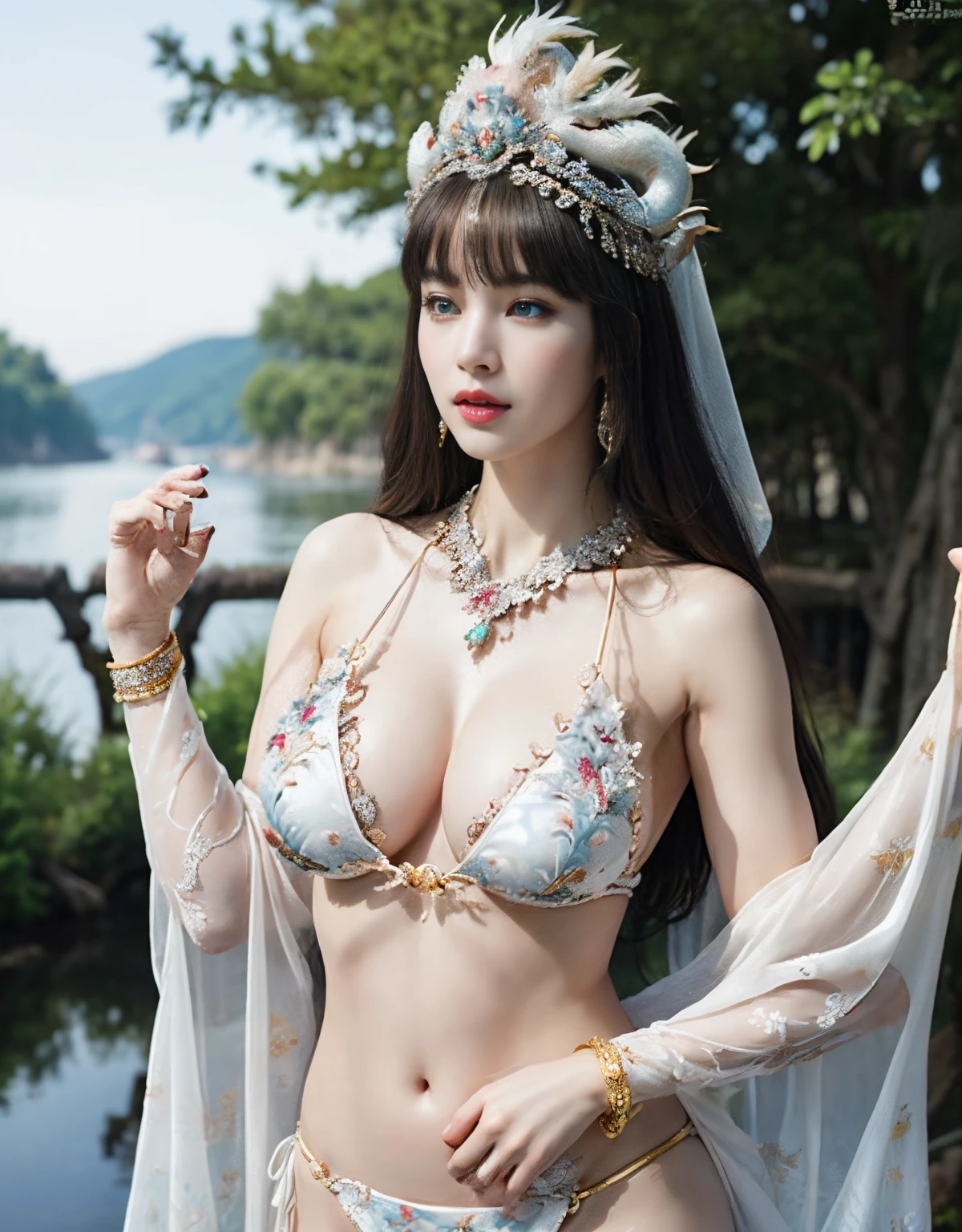 (heavy breasts)、top-quality、masterpiece、超A high resolution、(Silver Dragon Armor)、(((Colossal tits))),dragon armor、(((large floral ornament on the head))),(((Detailed Micro Bikini))),(Wearing a beautiful crown made of jewels),(Photorealsitic:1.4)、Raw photo、1人、(((Random hair))、(((Take different poses)))、glowy skin、(((White Chinese Dragon)))、Intricate and ornate hair ornaments、(Gorgeous Jewelry Necklaces)、(Mystical expression)、(Full Body Angle)、(Fight big dragons)、(Metal bikini)、((beautiful lake background)),(beautiful forest background)、Precipitous cliffs、(Castle background)、((super realistic details))、portlate、globalillumination、(sexypose)、Shadow、octan render、8K、ultrasharp、Colossal tits、Raw skin is exposed in cleavage、metals、Details of complex ornaments、Japan details、highly intricate detail、Blue eyes、radiant eyes、Facing the camera、Toostock、(Full Body Angle)、(veils)、(((Heavy Big))),((she is wearing a beautiful jeweled bangle.)),