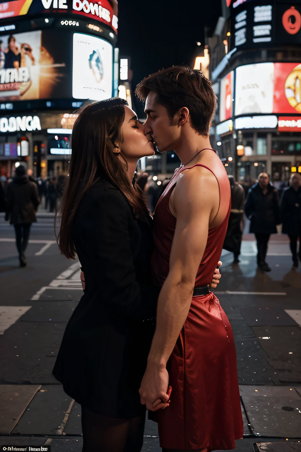 A breathtaking scene unfolds in the vibrant Piccadilly Circus in London: two lovers stand still, sharing a passionate kiss, while the world around them moves frenetically. This super-realistic and highly detailed photo captures the unique atmosphere of the city and the intensity of the romantic moment between the protagonists.