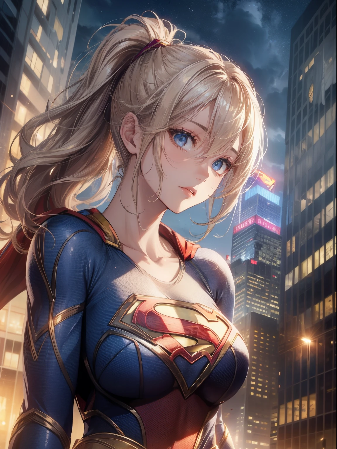 top-quality、Full limbs、complete fingers、one beautiful women、Beautiful Large Breasts、((Neck-length ponytail))、blondehair、((Supergirl Costumes))、night skyscraper、Crisp face、brave face、composition seen from below