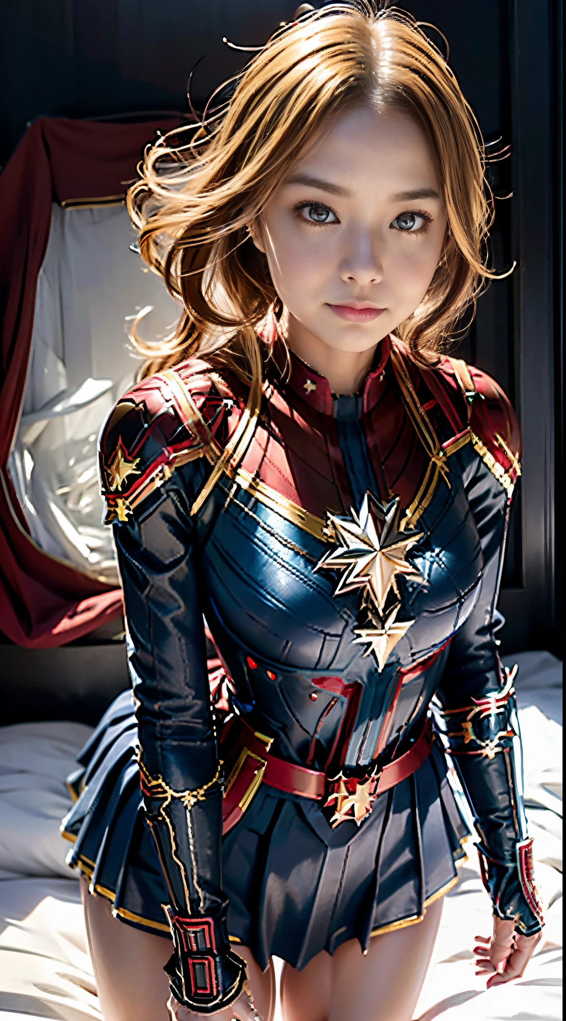 Anime girl posing in red and black leather costume , realist, ( ( Captain Marvel))、 biomechanical oppai,, fanart best artstation, artgerm style, Marked cat,