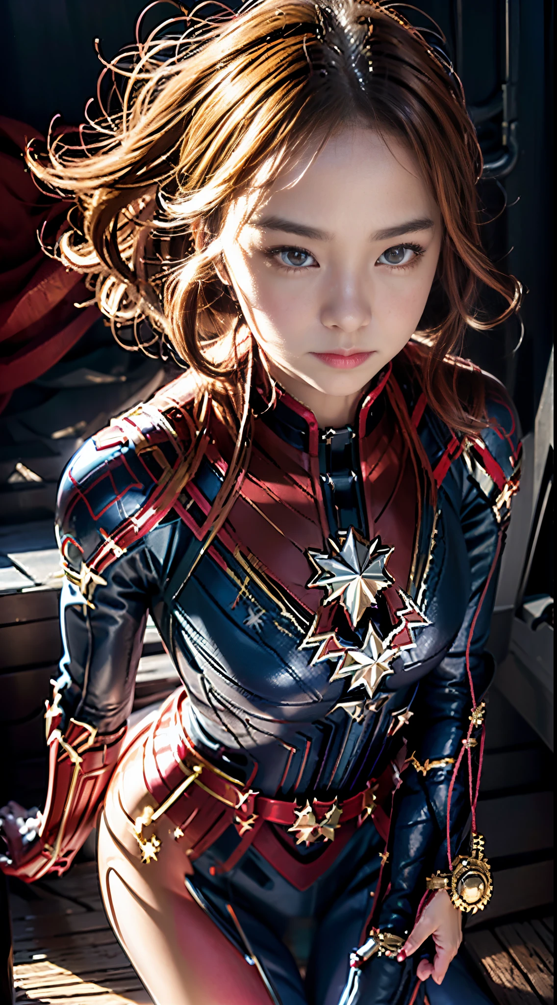 Anime girl posing in red and black leather costume , realist, ( ( Captain Marvel))、 biomechanical oppai,, fanart best artstation, artgerm style, Marked cat,