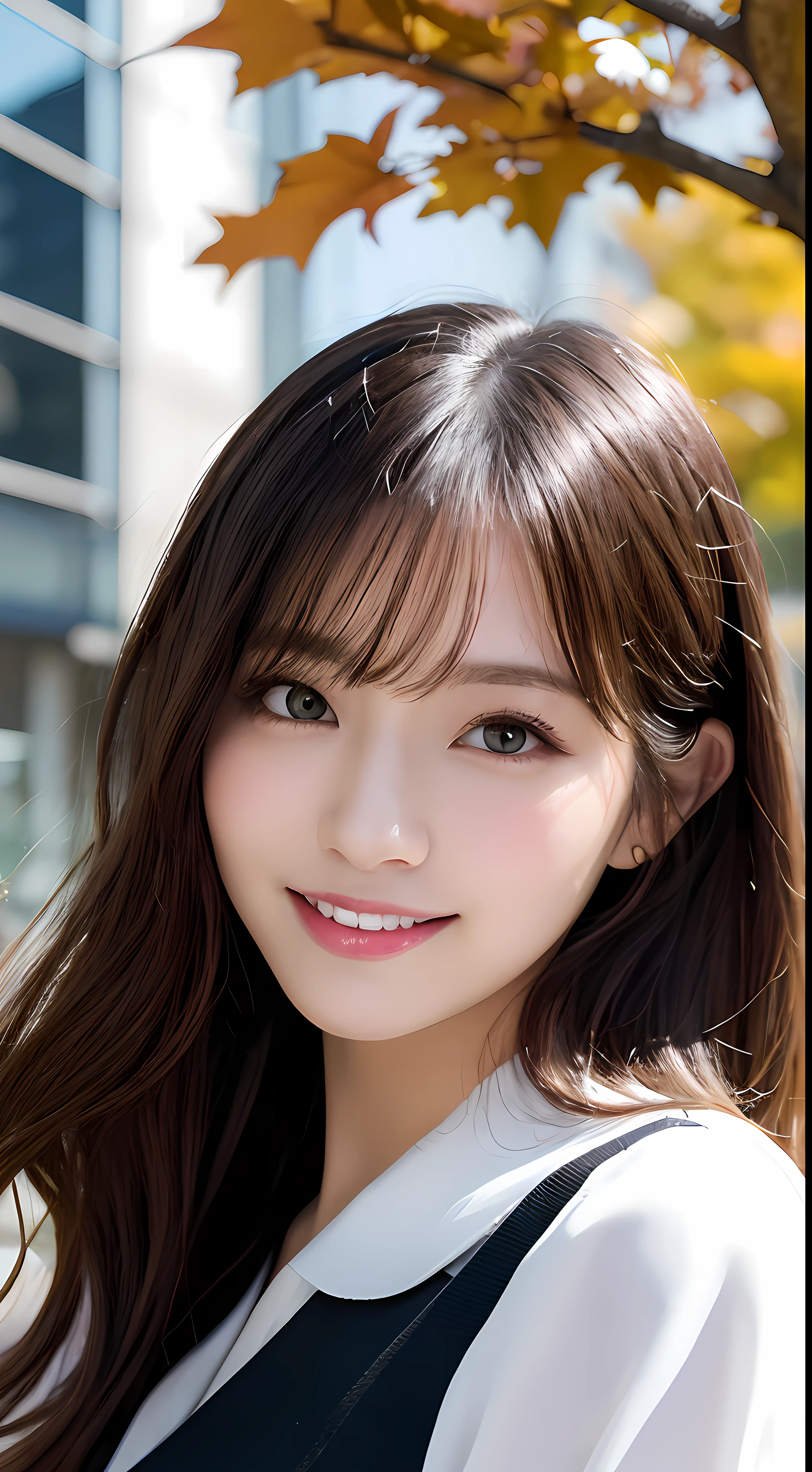 masutepiece, Best Quality, Illustration, Ultra-detailed, finely detail, hight resolution, 8K Wallpaper, Perfect dynamic composition, Beautiful detailed eyes, Autumn Women's Fashion,waved hair,small tits、Natural Color Lip, Bold sexy poses,Smile,Harajuku、20 years girl、Cute、Sexy shot looking at camera、up of face