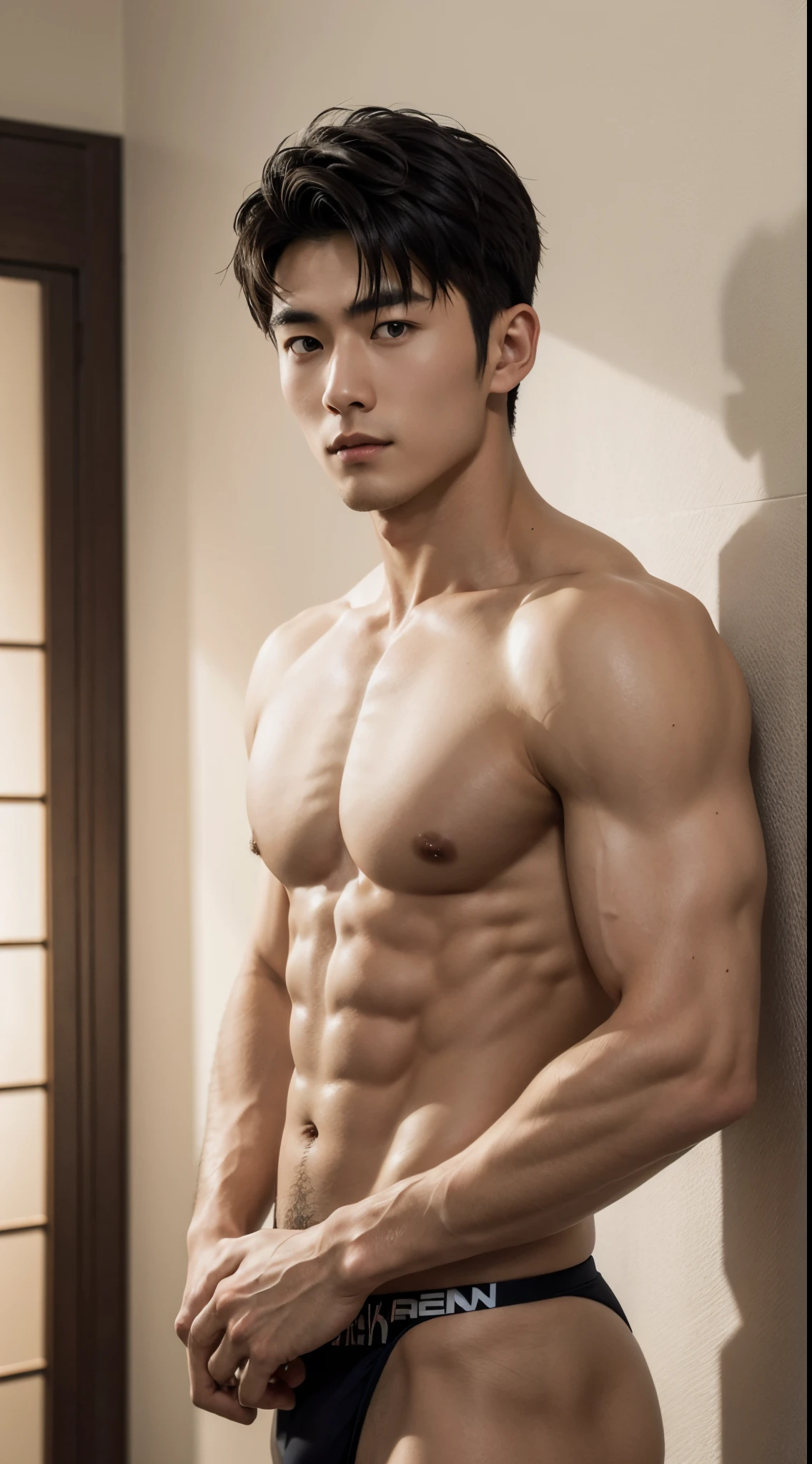 Two Japanese men, six pack, handsome, dark hair, 25 years old, nude, white skin, muscular, attractive, athletic, sexy, hugging, portrait