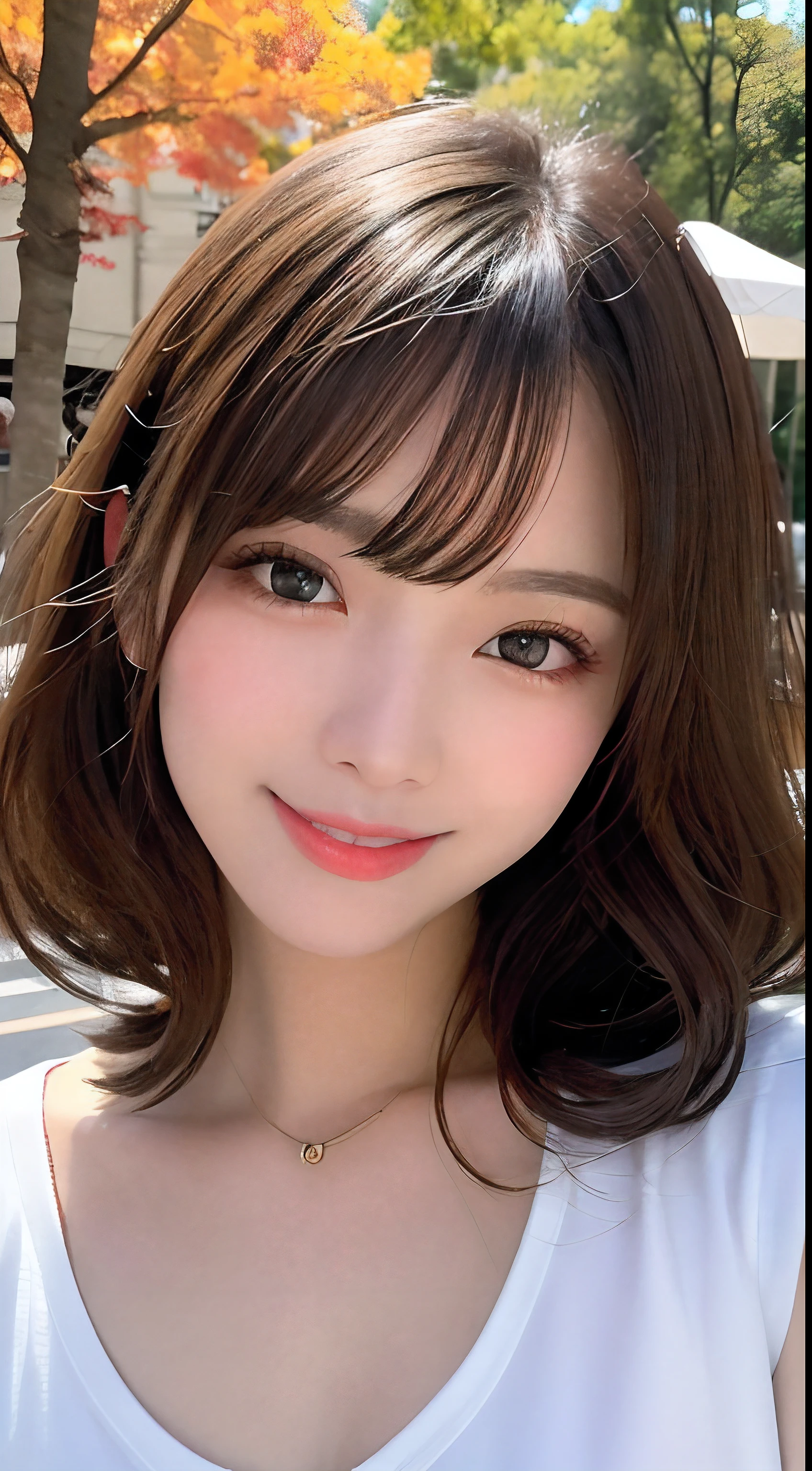 masutepiece, Best Quality, Illustration, Ultra-detailed, finely detail, hight resolution, 8K Wallpaper, Perfect dynamic composition, Beautiful detailed eyes, Autumn Women's Fashion,waved hair,small tits、Natural Color Lip, Bold sexy poses,Smile,Harajuku、20 years girl、Cute、Sexy shot looking at camera