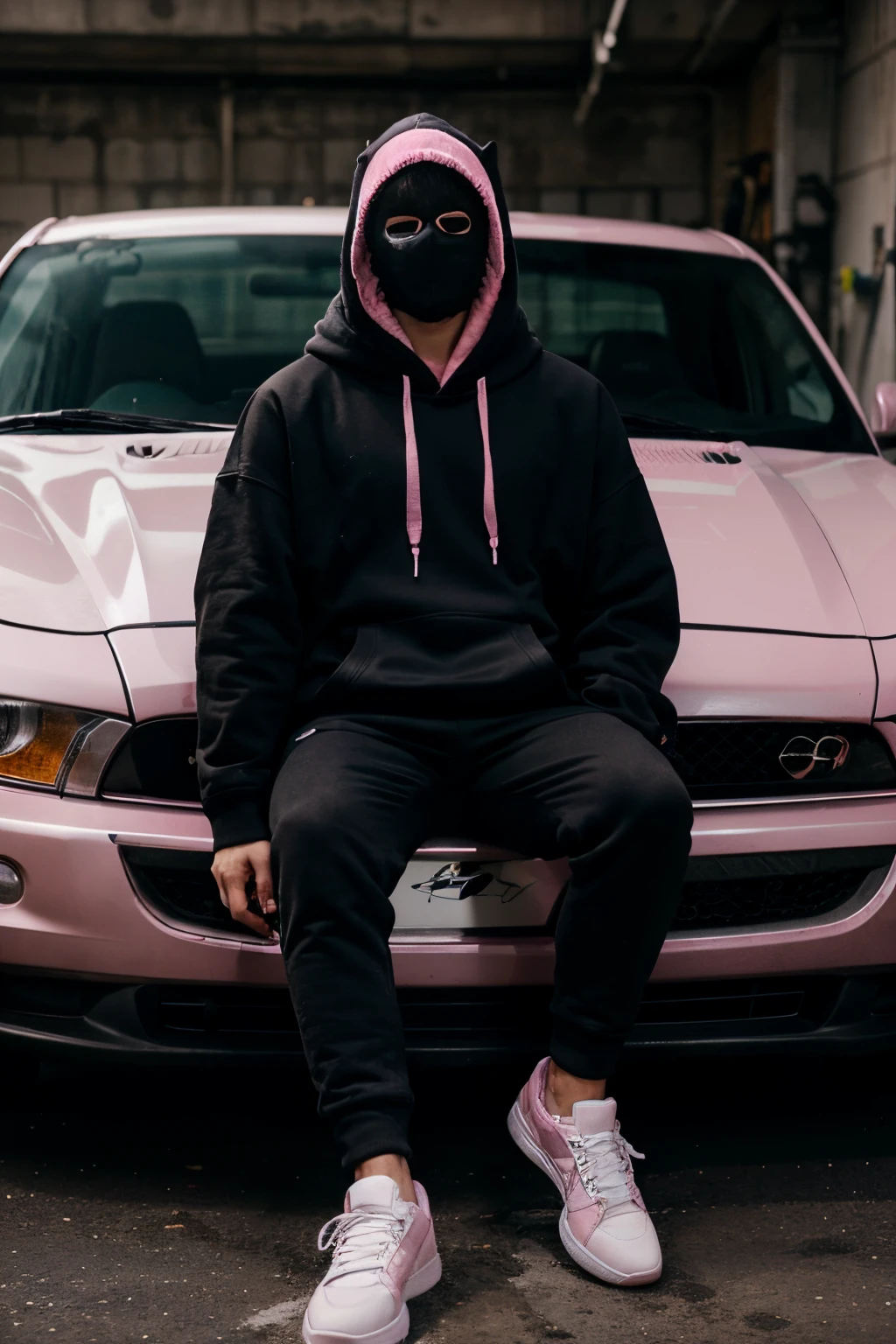 A young individual wearing a face mask that completely covers their face, dressed in a pink hoodie, black pants, and white sneakers. Place them in an underground garage with smoke in the background, leaning casually on a truck and a sports car.
