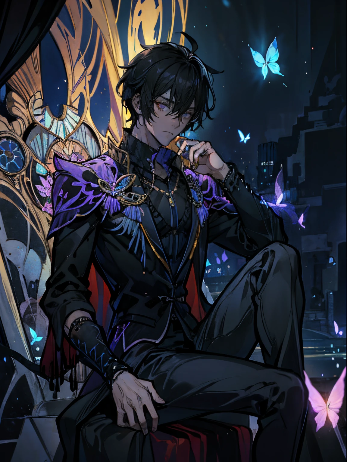 masterpiece, (dark:1.4), butterfly, rpg style, 1 man, A man sitting on the throne, short hair