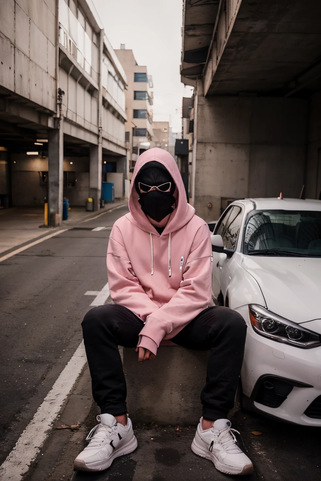 A young man wearing a face mask that completely covers his face, vestido com um moletom rosa, black pants, and white sneakers. Put them in an underground garage with smoke in the background, casually leaning on a truck